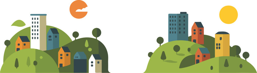 Minimal Rolling Hills Cityscape Outline  Colorful Houses and Urban Skyline