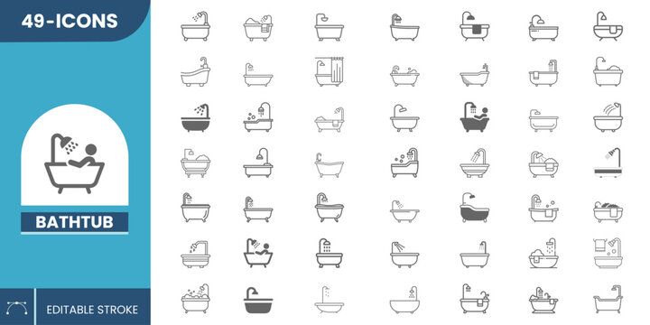 Modern Bathtub Icon Set Vector &ndash; Bathroom Tub, Spa Bath, Shower Combo & Washroom Sanitary Equipment Symbols.