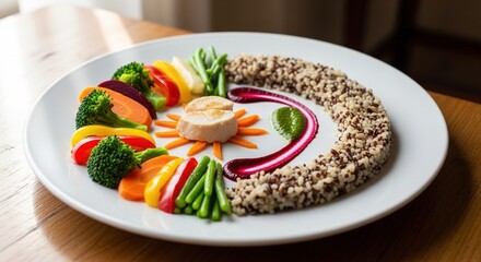 Healthy vegan Buddha bowl with quinoa, fresh vegetables, avocado, and poached egg on wooden table