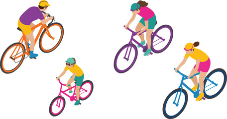 Fototapeta premium Isometric Bicycle Riders Outline Icon Set Recreation and Health