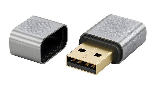 A USB adapter with a gold connector and silver casing on transparent background