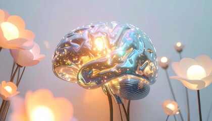Illuminated Brain Surrounded by Glowing Flowers - A Conceptual Exploration.