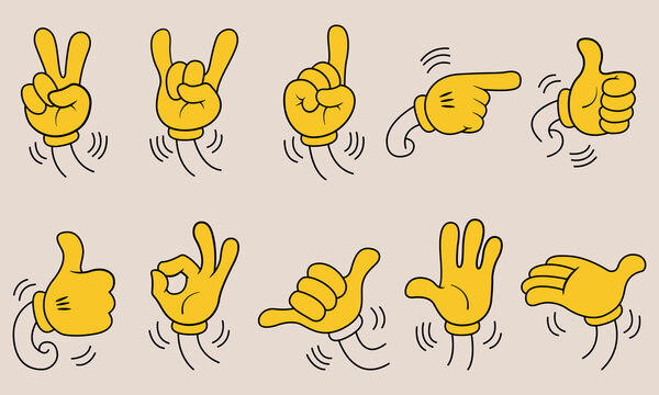 Yellow glove hand gestures set, showing sign and symbol in playful style