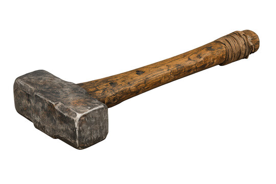 Heavy sledgehammer with old wooden handle and textured metal head for demolition and construction work, transparent background