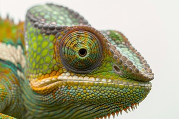 Fototapeta premium Colorful chameleon perched in natural light showcases vibrant patterns and unique textures in a close-up view
