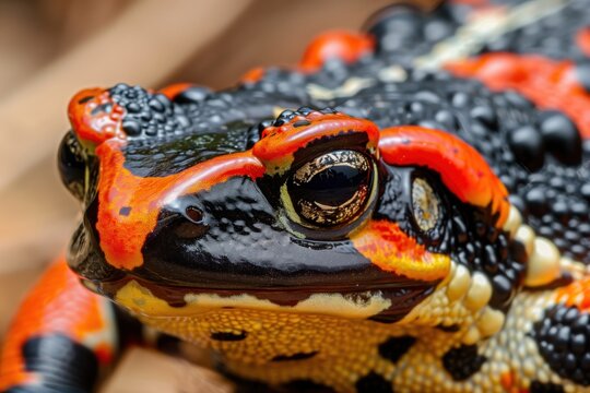 Vivid close-up capture of a strikingly colored fire belly toad displaying its unique patterns and texture in a natural setting