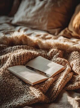 Cozy bed scene open notebook, pen on soft blanket, warm natural light