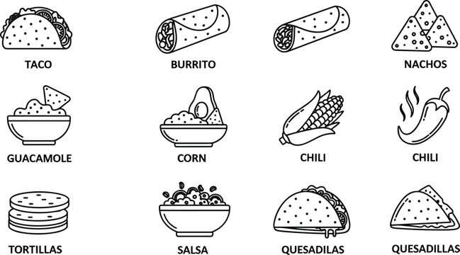 Vector illustration set of 12 Mexican food icons including taco burrito nachos guacamole and chili for restaurant menu।