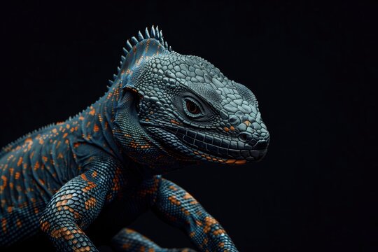 Vivid blue and orange uromastyx lizard poses majestically against a dark backdrop, showcasing its stunning details and textures