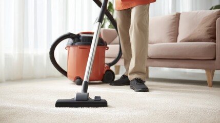 Fototapeta premium Professional carpet cleaning: vacuuming in cozy modern living room