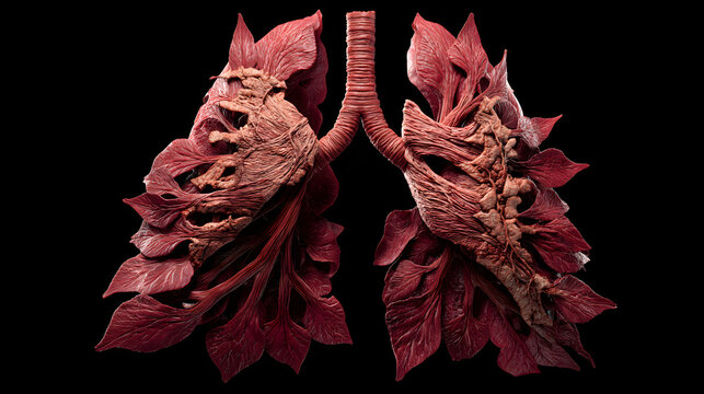 Anatomical human lungs with diagonal gill-like cuts, raw organic tissue, wet biological textures, clinical medical illustration, high detail, black background.