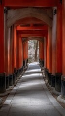 A serene pathway lined with vibrant orange columns leads through a tranquil grove, ideal for travel articles, cultural studies, or tranquil landscape features,