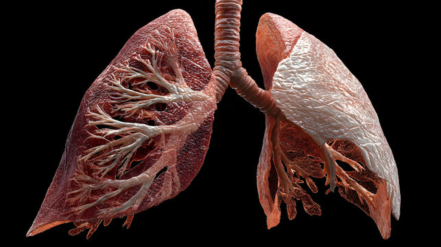 Anatomical human lungs with diagonal gill-like cuts, raw organic tissue, wet biological textures, clinical medical illustration, high detail, black background.