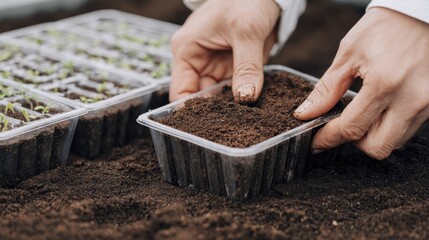 Hands preparing seedling trays with soil for indoor gardening and sustainable plant growth
