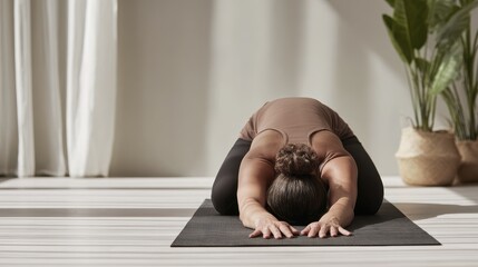 Peaceful yoga practice: woman in child's pose on yoga mat with natural light and indoor plants