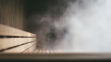 Relaxing sauna experience with two people surrounded by steam and wooden interior