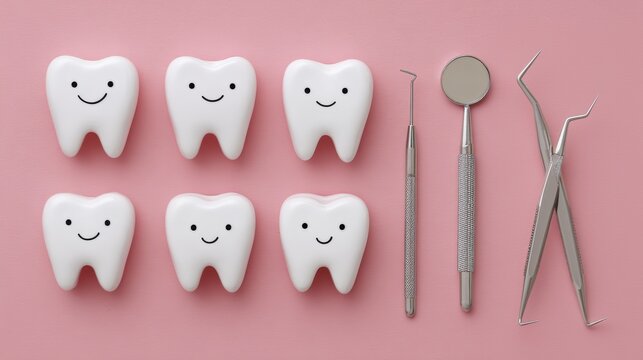 Smiling tooth characters with dental tools on pink background for oral health concept