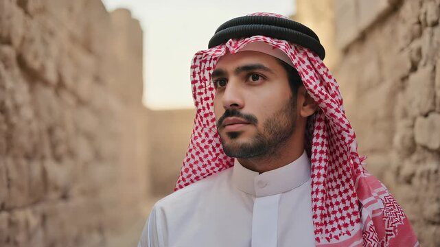 Middle Eastern Man in Traditional Thobe and Shemagh, Portrait of Arab Culture and Heritage, Desert Landscape Background.