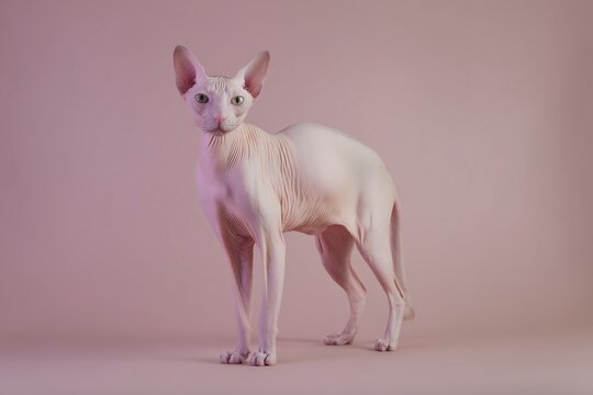 Elegant Ukrainian Levkoy cat poses against a soft pastel background, showcasing unique features and playful demeanor