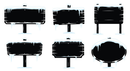 Collection of black wooden signs with snowy icy borders and stands © MdSamsuzzaman