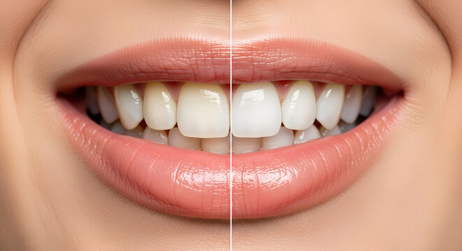 Teeth Whitening Before and After Comparison | Close up of Woman Smiling with Yellow and White Teeth | Dental Care and Oral Hygiene Concept | Cosmetic Dentistry Treatment for Bright Smile