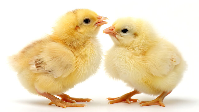 Two cute yellow baby chicks facing each other on white background
