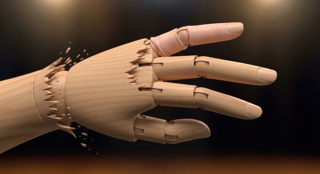 Broken wooden hand with splinters and bandaged finger