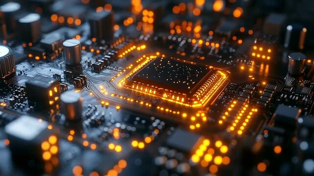 Close-up view of a computer motherboard with glowing circuitry and components