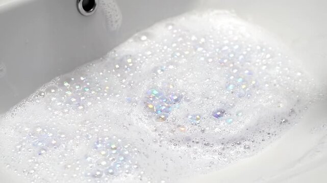 White bathtub foam with iridescent soap bubbles sparkling water surface near drain hand washing white sink with yellow sponge foamy soap bubbles close up of brown hands scrubbing hand washing sink