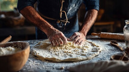 A man kneading dough on a floured surface in a rustic kitchen with a bowl and rolling pin nearby