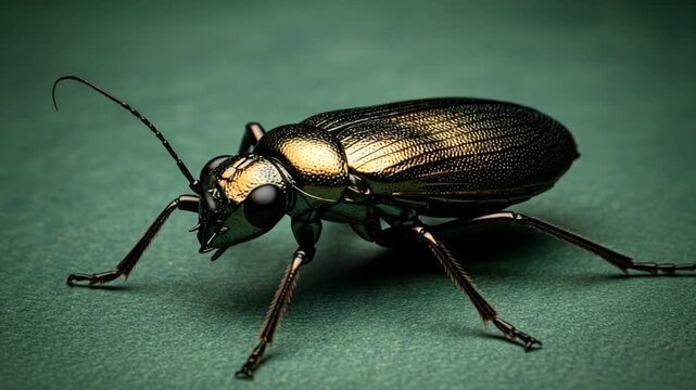 Close-up macro shot of a metallic beetle on a green background.