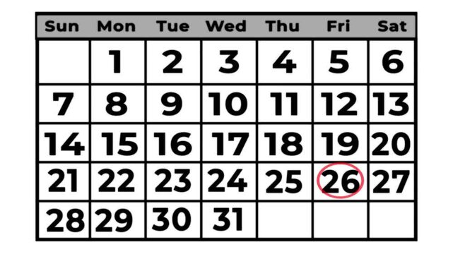 26th marked with a red cursor on the wall calendar animation with white background.
