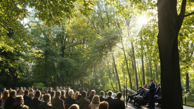 A group gathers to listen to classical music played by musicians under the shade of green trees in a sunny forest clea at an outdoor summer concert spot.