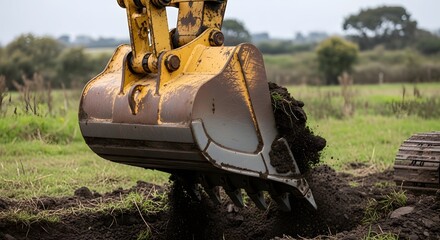 Rusty Yellow Backhoe Bucket Digging Earth in Open Green Field