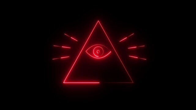 Glowing neon line Masons symbol All-seeing eye of God icon isolated on black background. The eye of Providence in the triangle. 4K Video Animation..