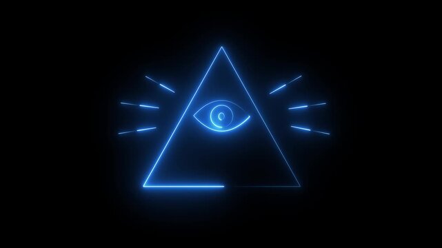 Glowing neon line Masons symbol All-seeing eye of God icon isolated on black background. The eye of Providence in the triangle. 4K Video Animation..