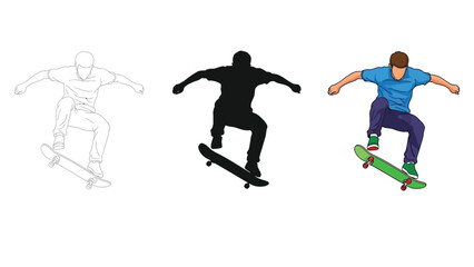 Skateboarder performing a trick, illustration of the process from sketch to full color vector graphic