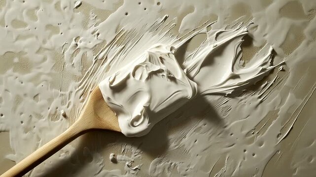 Close-up of a paintbrush with thick white paint being applied to a textured surface.