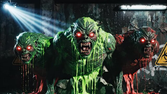 Three monstrous creatures emerge from a crumbling wall. Toxic green slime drips from their bodies. Glowing red eyes stare menacingly amidst biohazard warning signs.