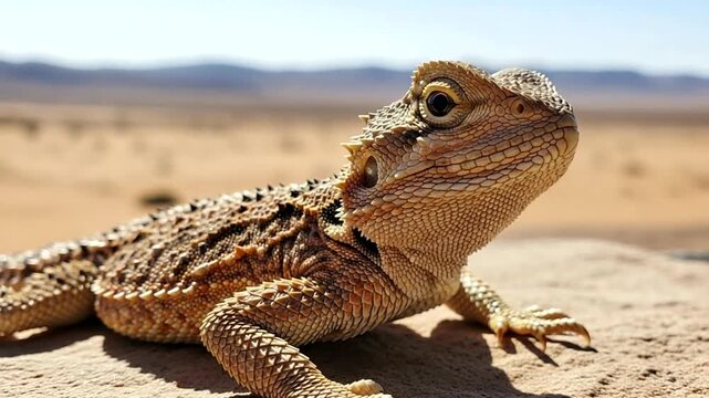Bearded Dragon basking on a rock in desert landscape