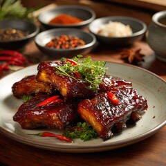 Dish of glazed ribs, spices bowls, garnish, and herbs set for dining