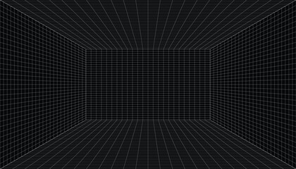 Abstract digital tunnel of white glowing grid lines receding into the distance on a black background, representing cyberspace, data flow, or virtual reality space