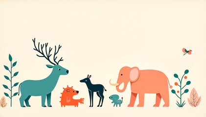 Obraz premium Minimalist kids room wall mural with pastel animal prints on white background