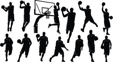 Set of Professional Basketball Player Silhouettes Featuring Men Shooting Layups Jumping and Dribbling Near a Hoop for Sports Graphics © MdAzim