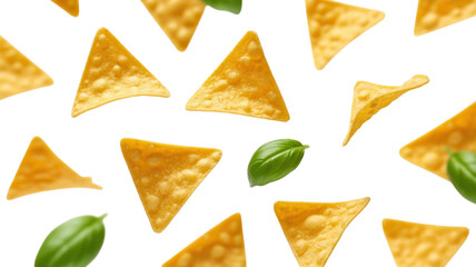 Crunchy tortilla chips scattered around on a transparent background snacks party food