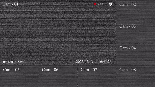 CCTV Security Camera Interface with Multiple Feeds and Glitch Effect.