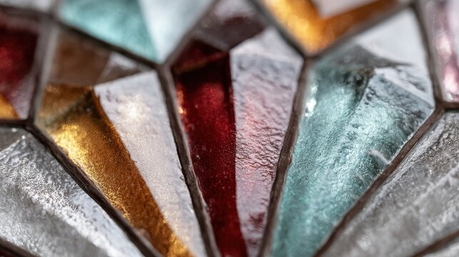 Colorful stained glass window showing abstract design with geometric shapes