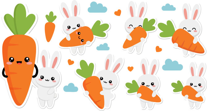 Adorable collection of cute cartoon white bunnies happily hugging and holding large bright orange carrots perfect for springtime illustrations
