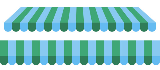 Green and blue striped shop awning. Vector illustration of a vintage store or market canopy isolated on transparent background. Seamless pattern stripes store awning. Vector illustration  © Olga Tsikarishvili