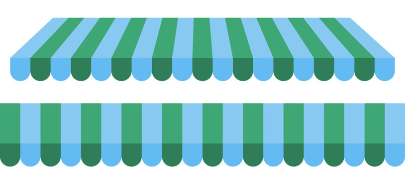 Green and blue striped shop awning. Vector illustration of a vintage store or market canopy isolated on transparent background. Seamless pattern stripes store awning. Vector illustration 